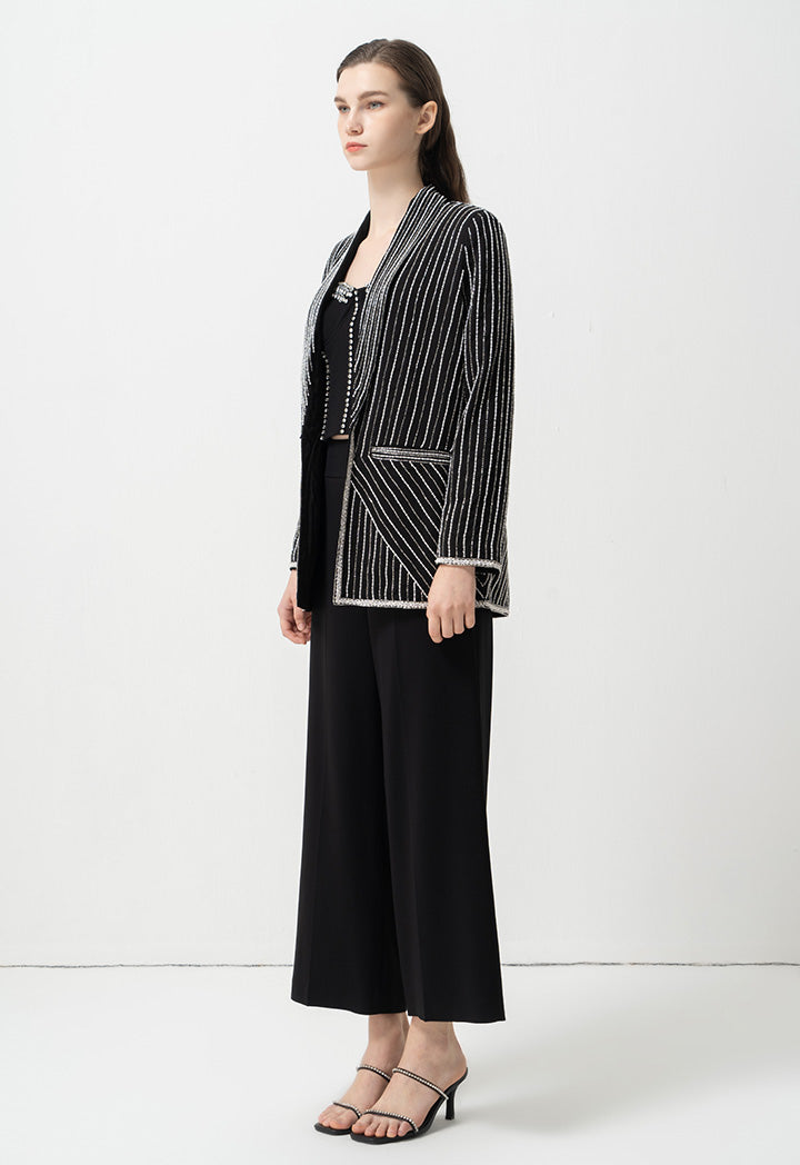 Choice Striped With Bead Embellished Blazer Black