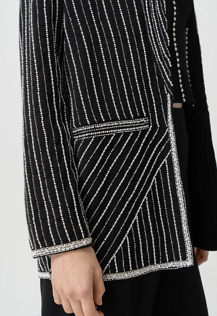 Choice Striped With Bead Embellished Blazer Black