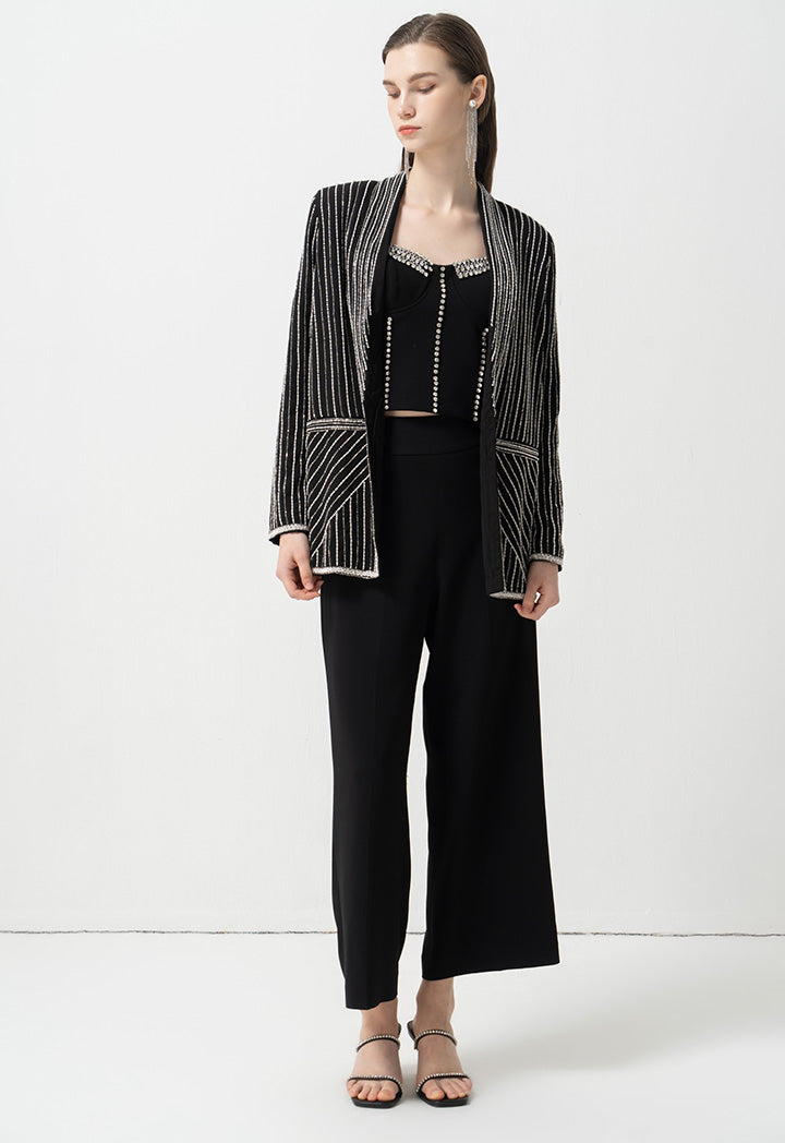 Choice Striped With Bead Embellished Blazer Black