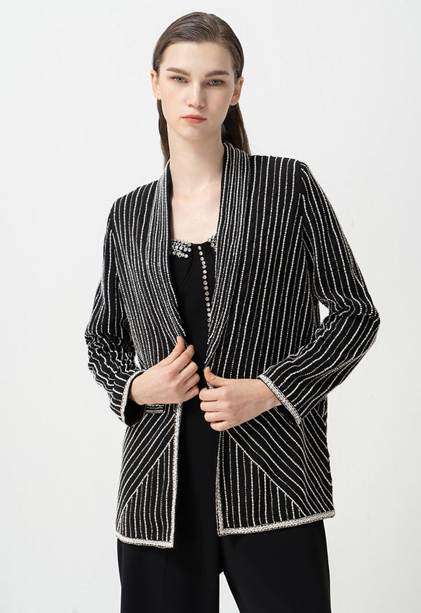 Choice Striped With Bead Embellished Blazer Black