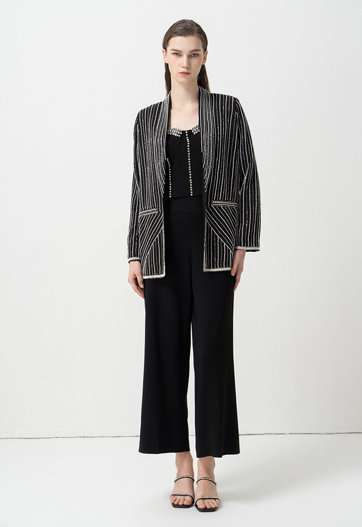 Choice Striped With Bead Embellished Blazer Black