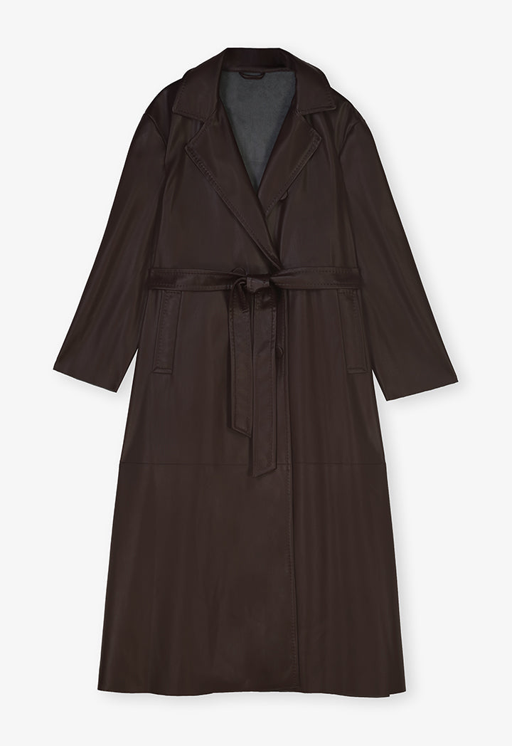 Choice Synthetic Leather Belted Maxi Trench Coat Brown