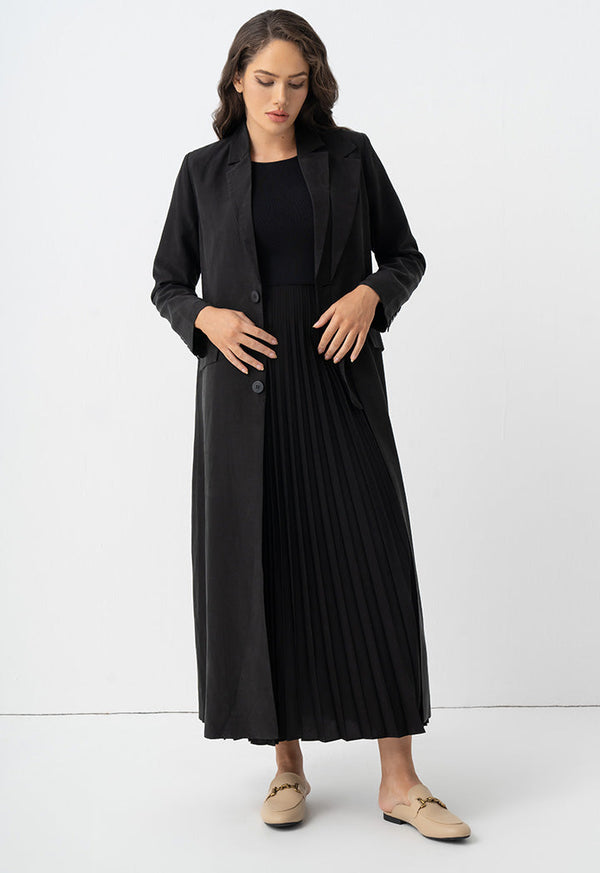 Choice Solid Front Flap Pockets Maxi Jacket Black