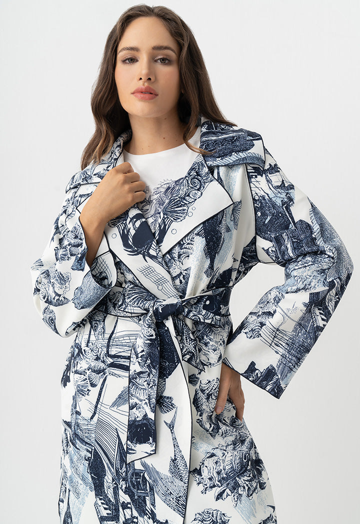 Choice Fish Printed Belted Midi Abaya Off White