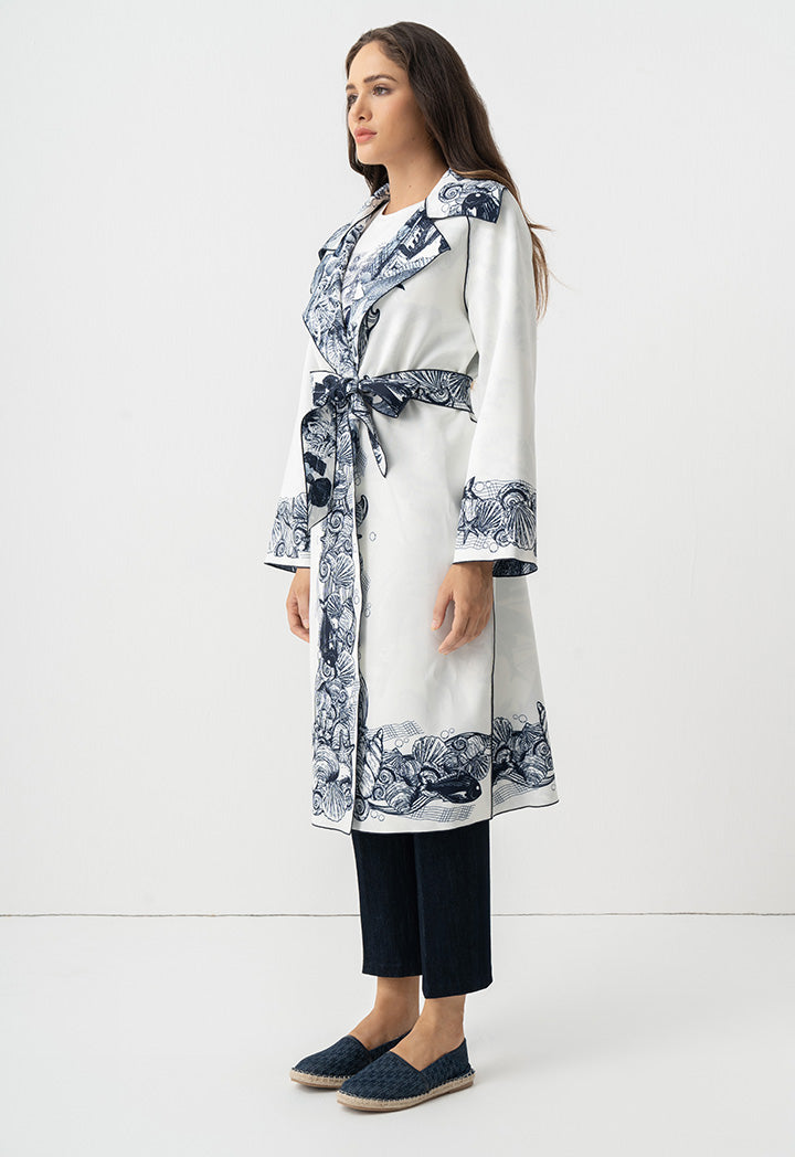 Choice Fish Printed Belted Midi Abaya Off White