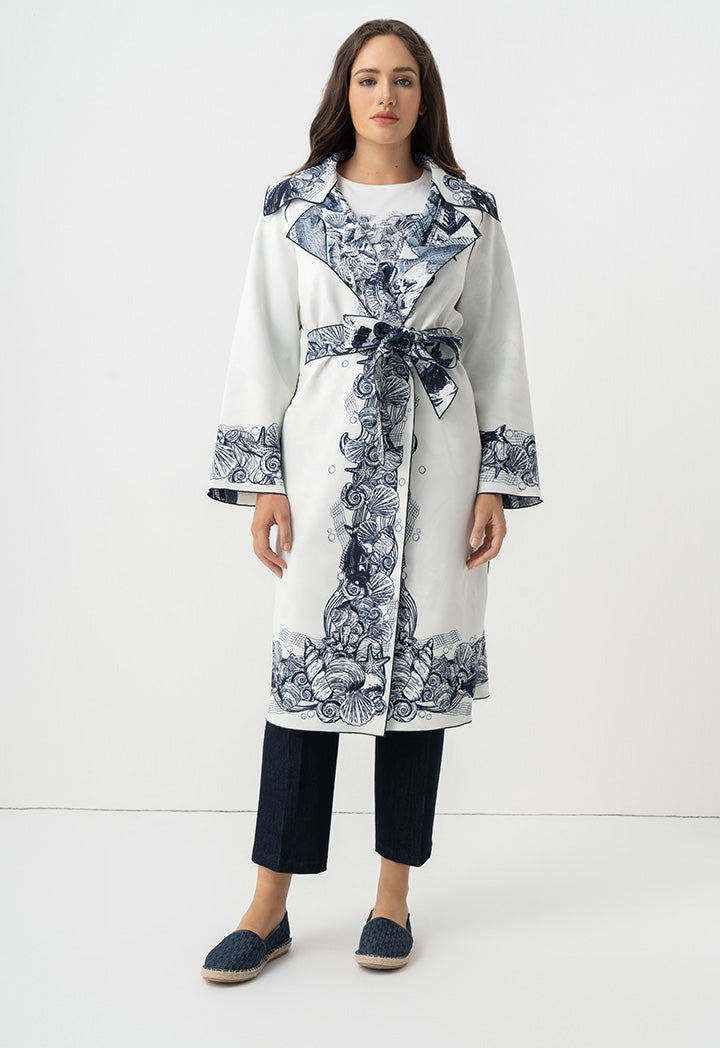 Choice Fish Printed Belted Midi Abaya Off White