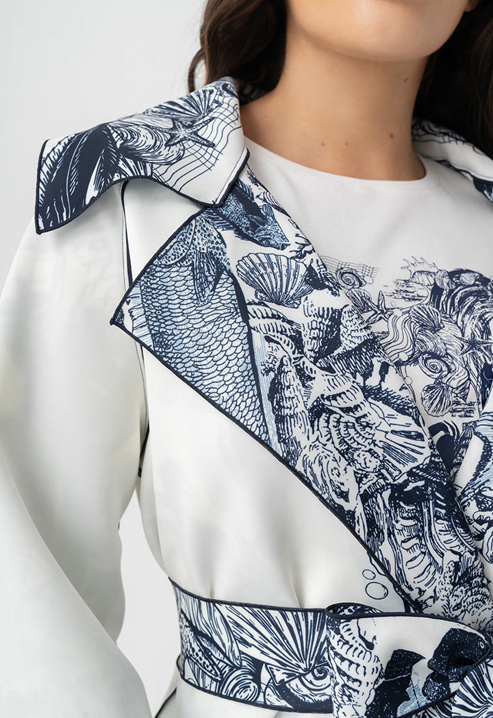 Choice Fish Printed Belted Midi Abaya Off White