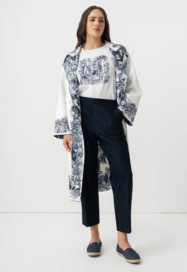 Choice Fish Printed Belted Midi Abaya Off White