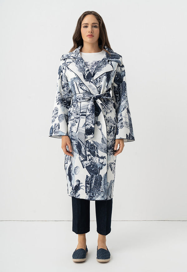 Choice Fish Printed Belted Midi Abaya Off White