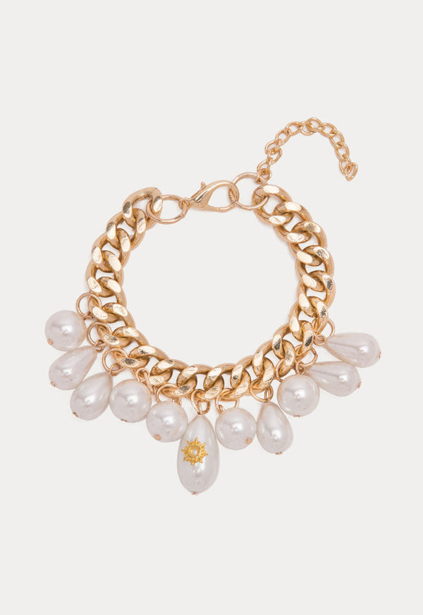 Choice Chunky Link Chain Sun Pearl Drop Bracelet White-Gold