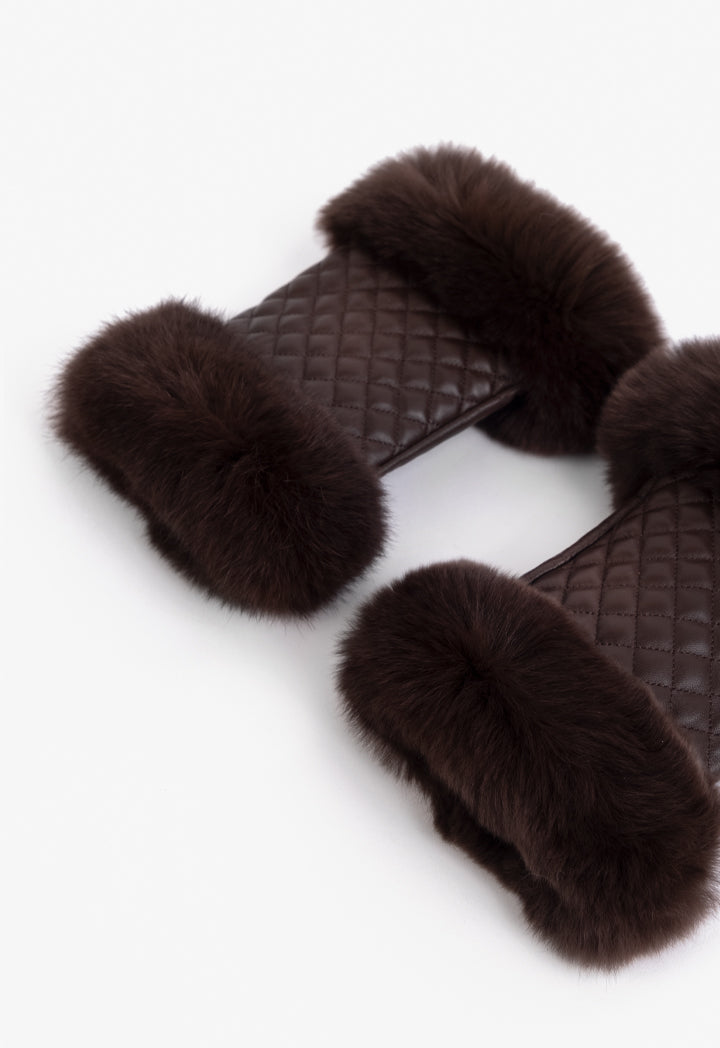 Choice Faux Fur Embellished Fingerless Gloves Brown