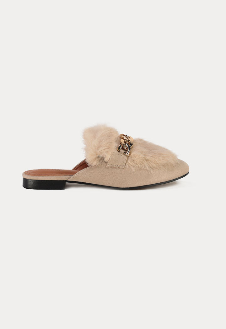 Choice Chain Detail Fur Slipper Beige