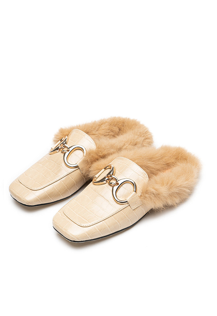 Choice Fluffy Flat Loafers With Metal Buckle Beige