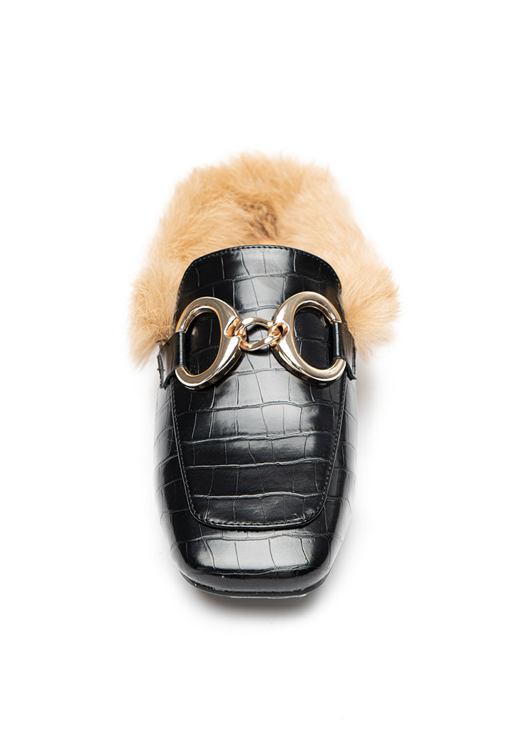 Choice Fluffy Flat Loafers With Metal Buckle Black
