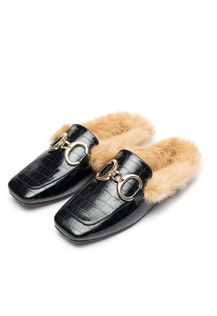 Choice Fluffy Flat Loafers With Metal Buckle Black