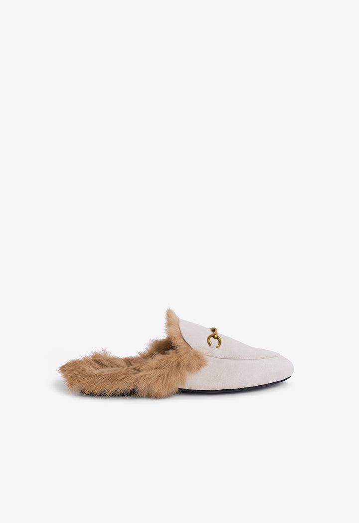 Choice Faux Fur Embellished Mules Light Beige