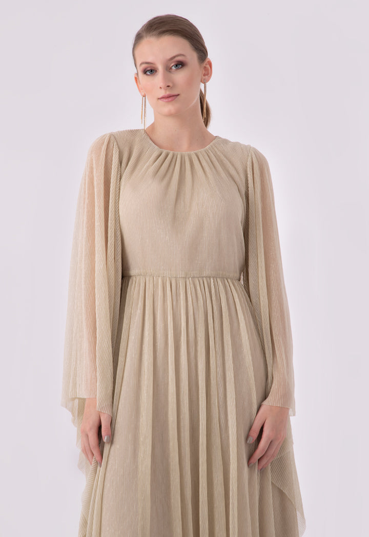 Choice Shirred Waist Angel Sleeve Lurex Maxi Dress Beige