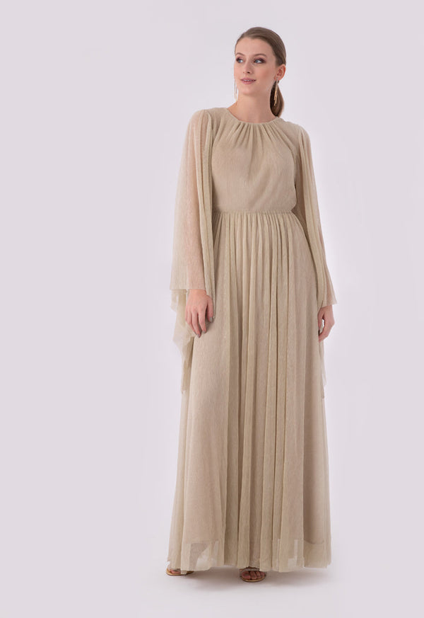 Choice Shirred Waist Angel Sleeve Lurex Maxi Dress Beige