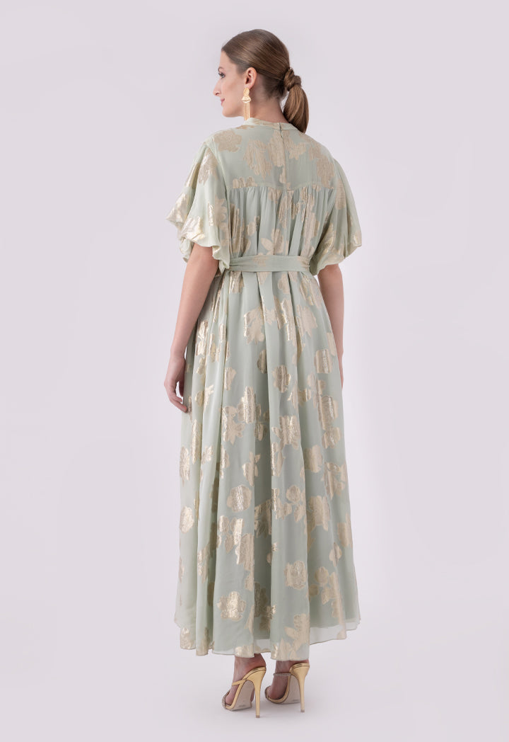 Choice Lurex Jacquard Flounce Sleeve Maxi Dress Green