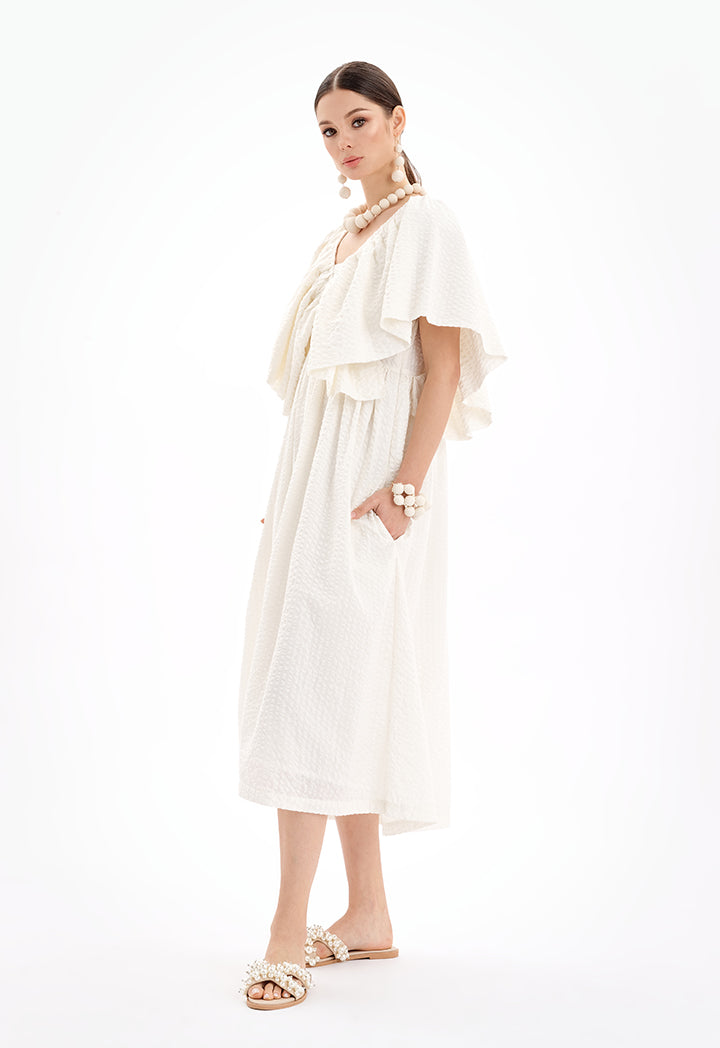 Choice Solid Textured Midi Dress With Cape Sleeves-Ramadan Style Off White