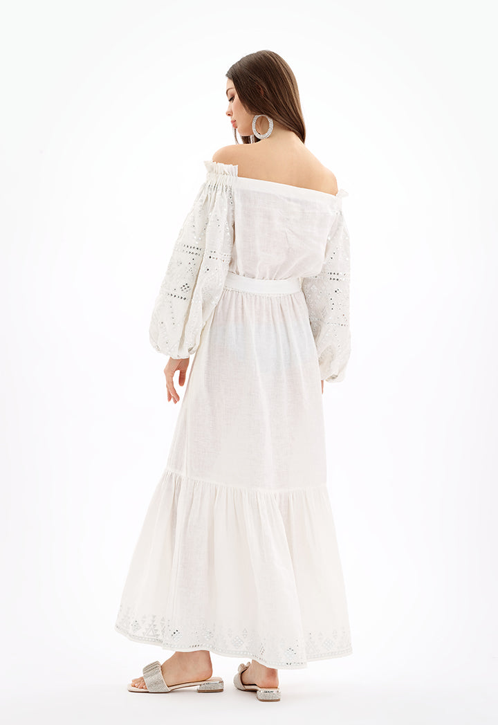 Choice Off Shoulder Maxi Embroidered Dress With Self-Fabric Belt-Ramadan Style Off White