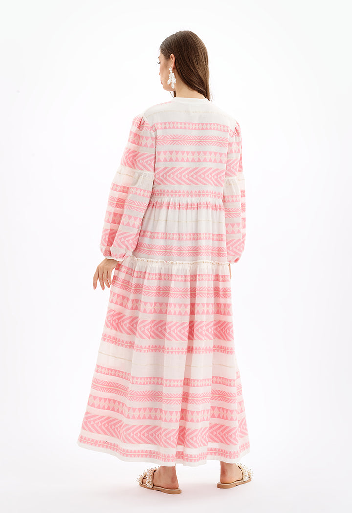 Choice Multi Tiered Maxi Jacquard Dress-Ramadan Style Off White/Pink