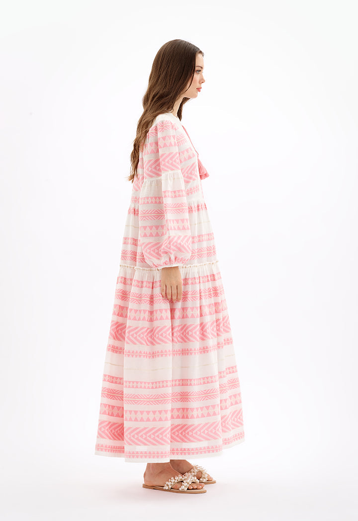 Choice Multi Tiered Maxi Jacquard Dress-Ramadan Style Off White/Pink