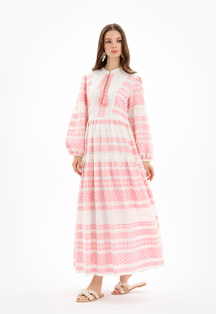 Choice Multi Tiered Maxi Jacquard Dress-Ramadan Style Off White/Pink