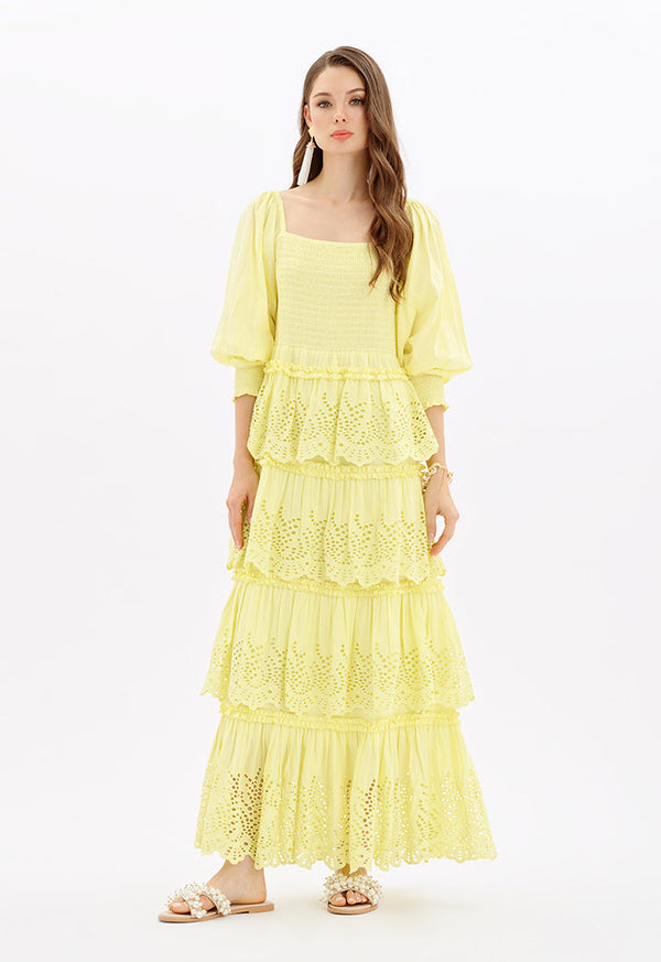 Choice Embroidered Layered Dress Yellow