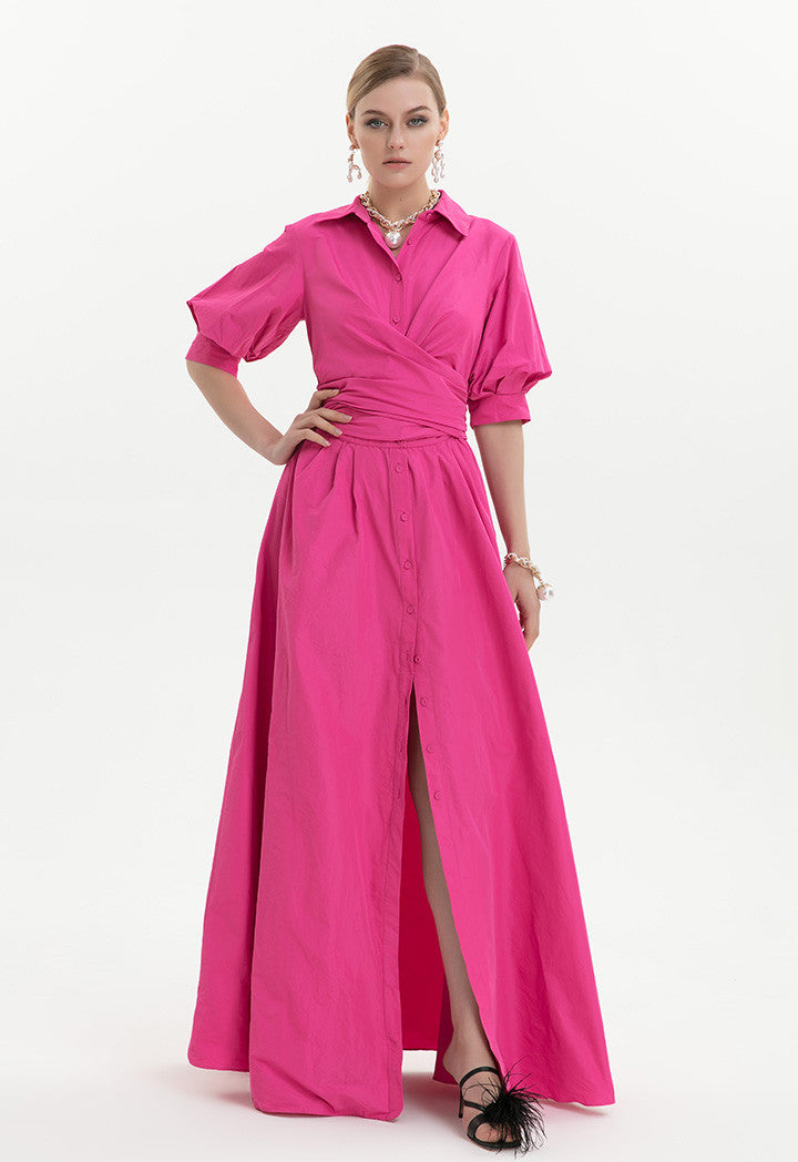 Choice Waist Detailed Shirt Dress Fushia