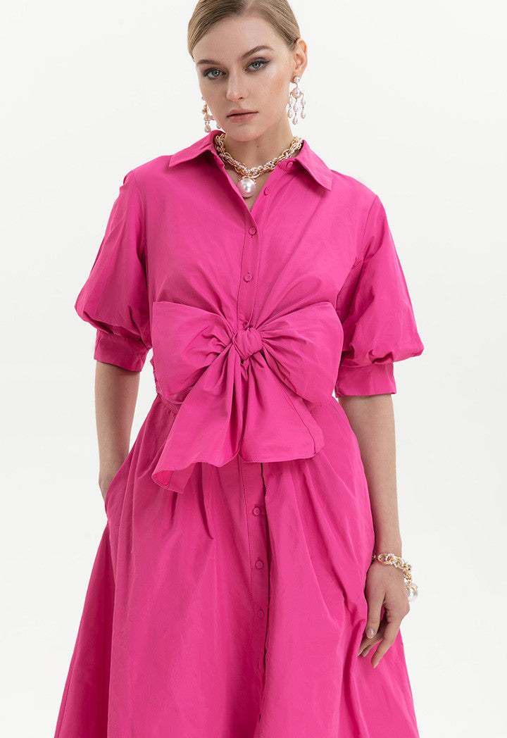 Choice Waist Detailed Shirt Dress Fushia