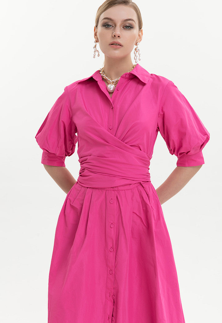 Choice Waist Detailed Shirt Dress Fushia