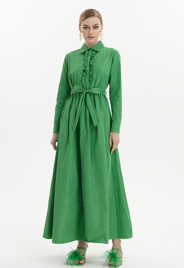 Choice Sleeved Ruffled With Feathers Maxi Dress - Ramadan Style Green