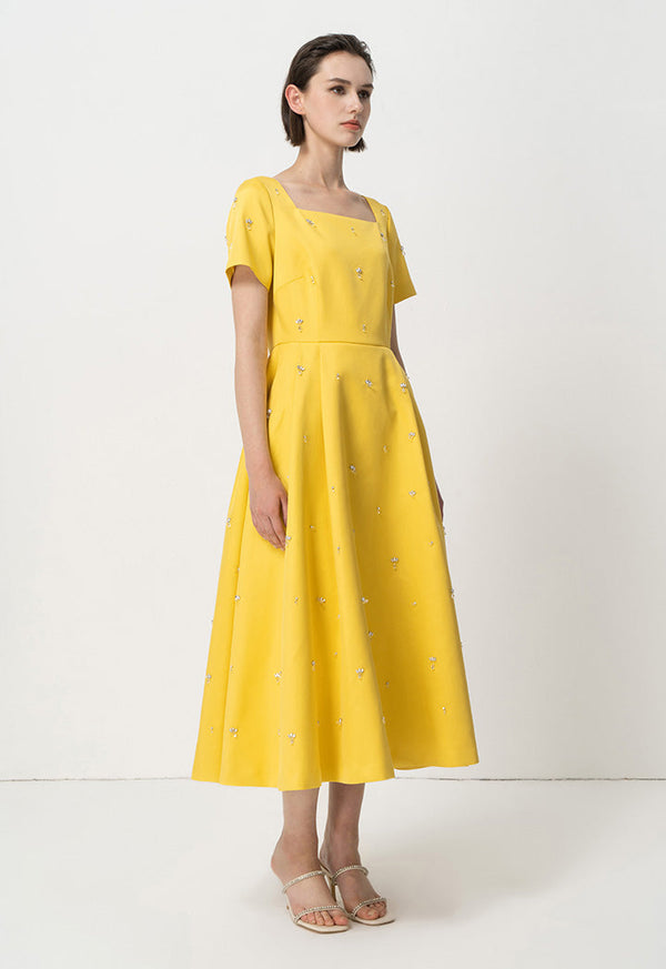 Choice Short Sleeves Embellished Midi Dress Yellow