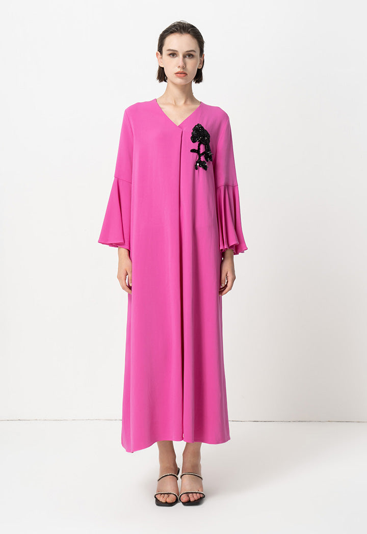 Choice Solid Oversize Embellished Beaded Patch Dress Fushia