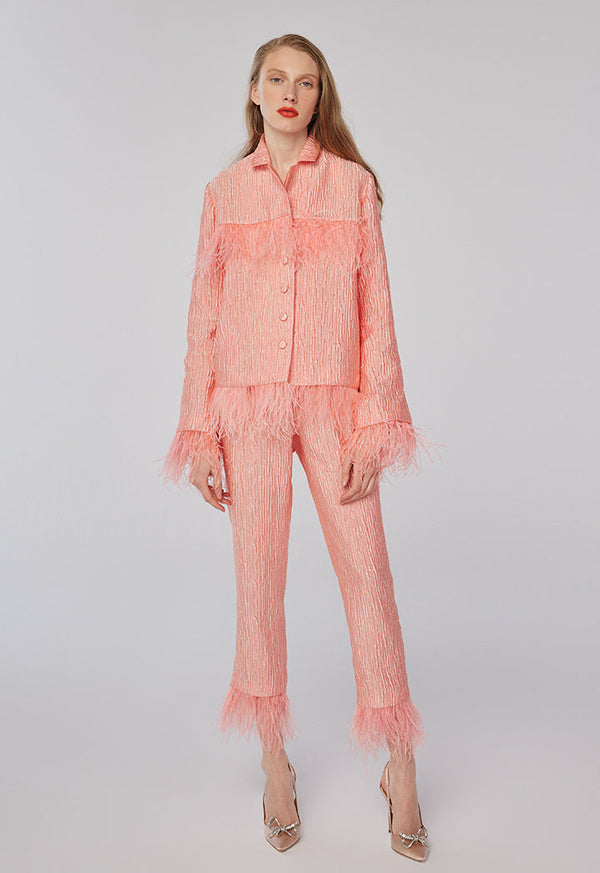 Choice Fringed Ankle Textured Trouser Pink