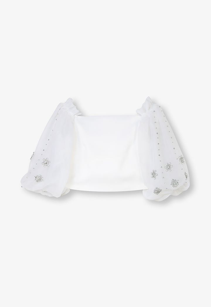 Choice Crystal Embellished Off Shoulder Crop Party Blouse  Offwhite