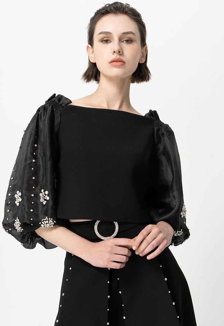 Choice Crystal Embellished Off Shoulder Crop Party Blouse  Black