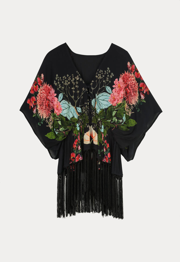 Choice Floral Print Blouse With Tassel Detail Black