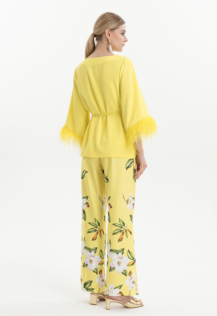 Choice Solid Blouse With Feather Details Yellow