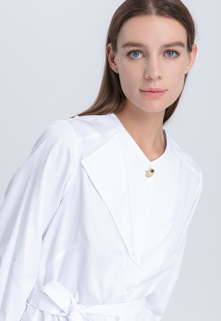 Choice Solid Color Curved Hem Long Shirt Off White