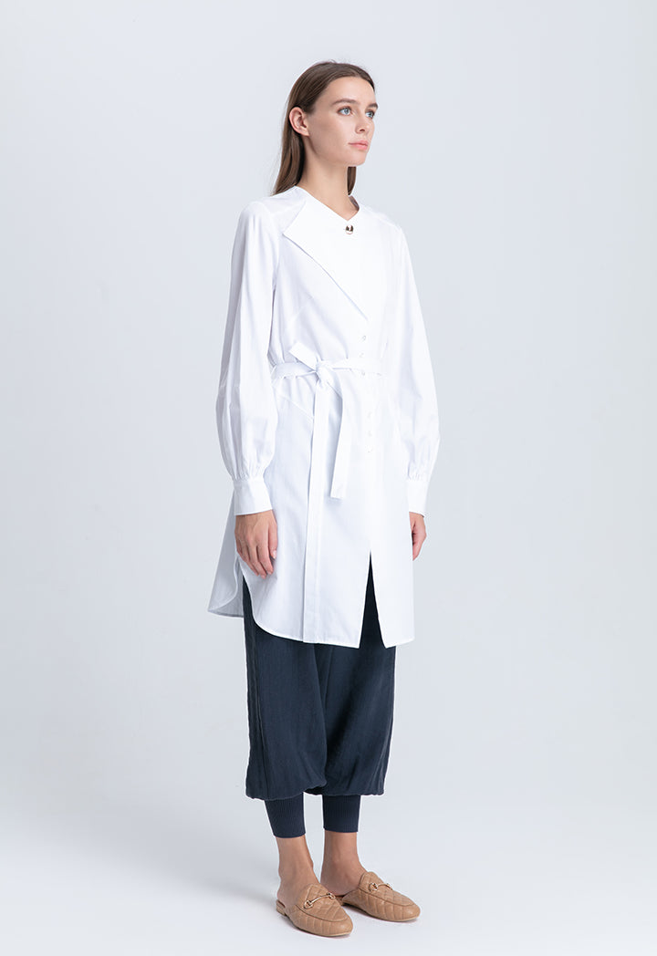 Choice Solid Color Curved Hem Long Shirt Off White