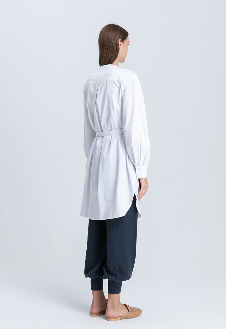 Choice Solid Color Curved Hem Long Shirt Off White