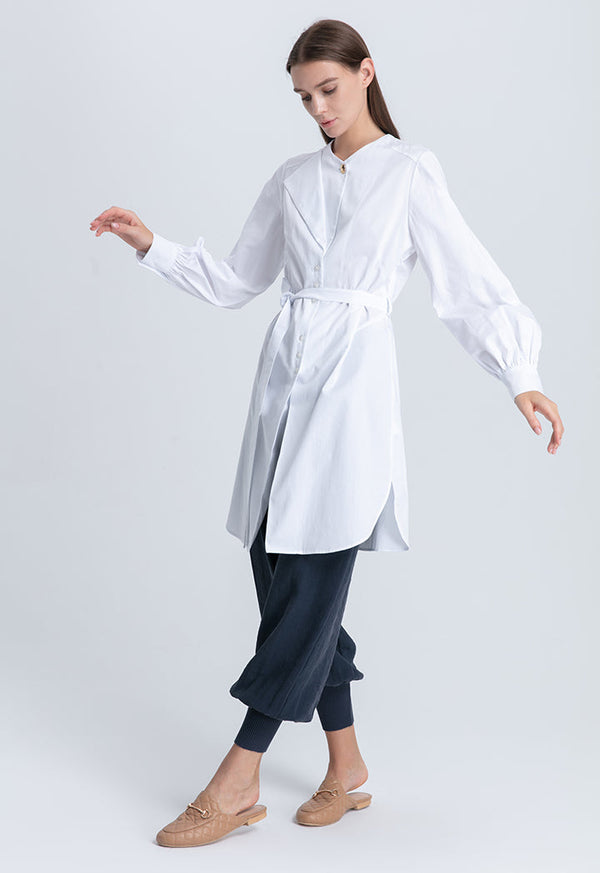 Choice Solid Color Curved Hem Long Shirt Off White