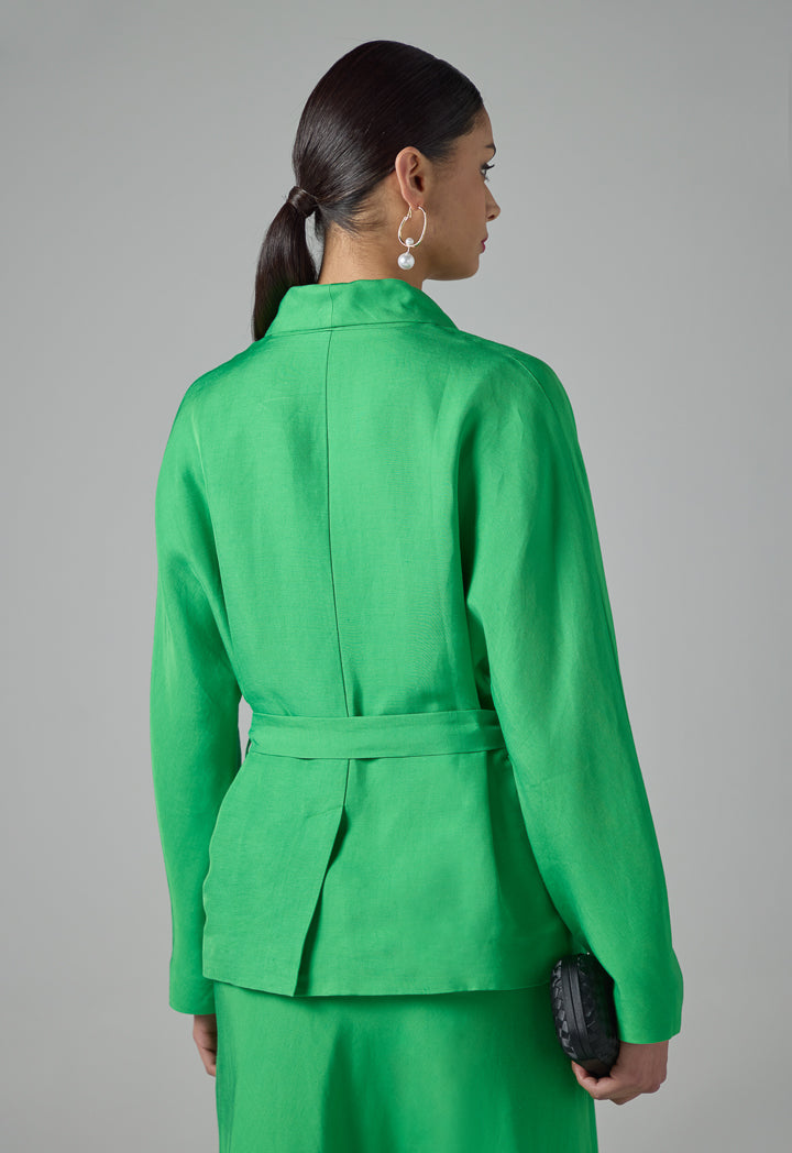 Choice Long Sleeve Belted Solid Blazer Green