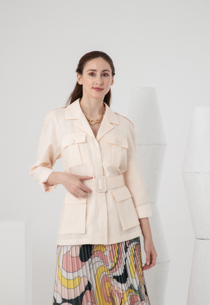 Choice Notched Lapel Multi Pocket Belted Jacket Beige