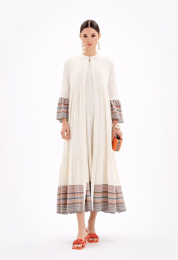 Choice Sleeved Open Front Abaya With Striped Hems-Ramadan Style Off White