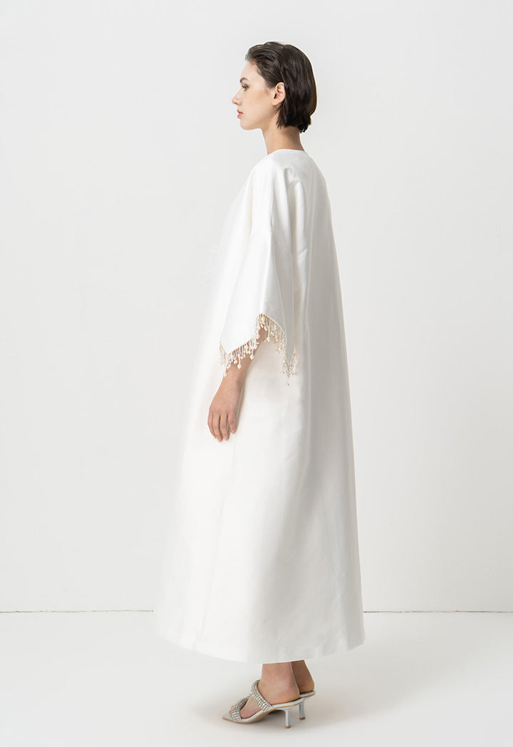 Choice Pearl Detailed Open Front Maxi Abaya With Self Tie Belt Offwhite