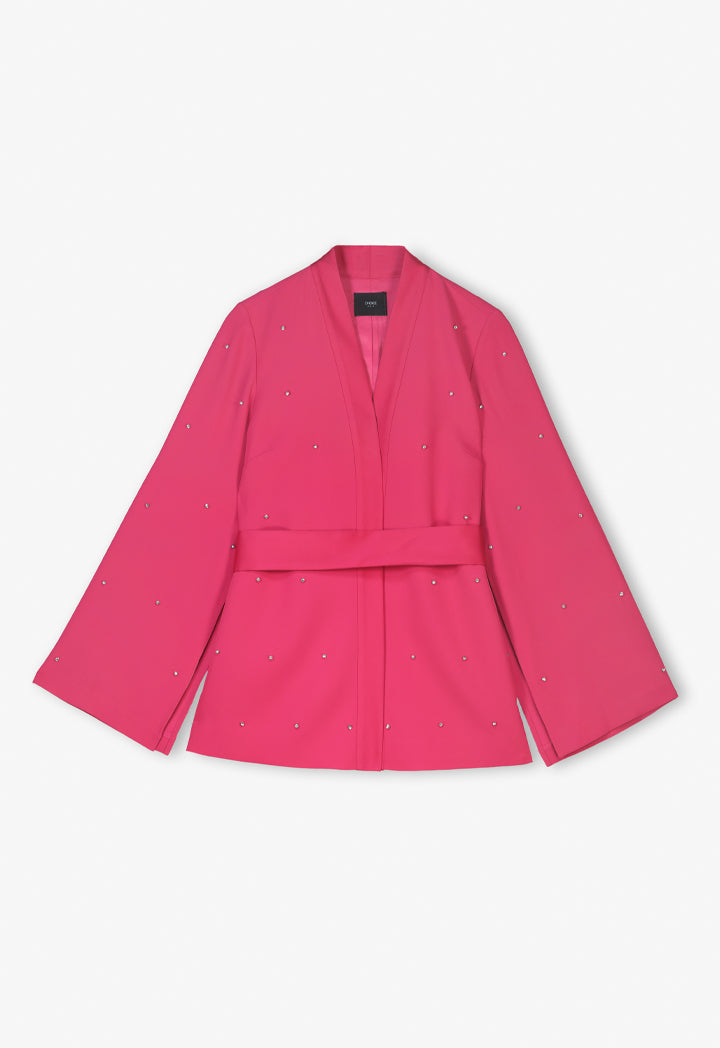 Choice Solid Crystal Embellished Belted Jacket Fuchsia