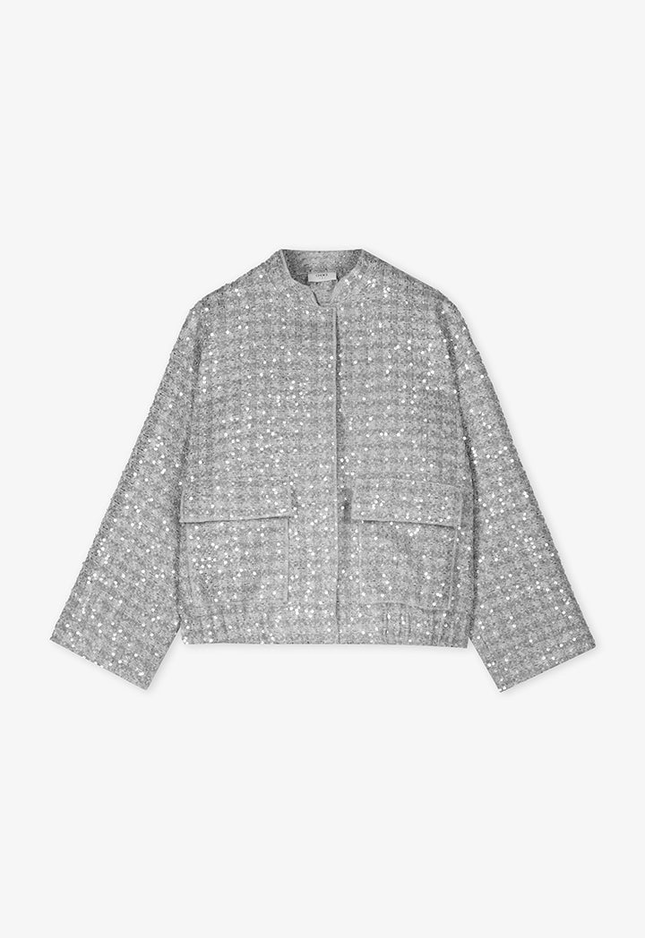 Choice Tweed Sequin Jacket With Front Pockets Grey